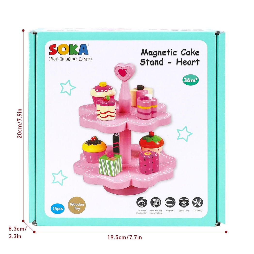 SOKA Magnetic Heart Cake Stand Wooden Pretend Play Tea Party Toy