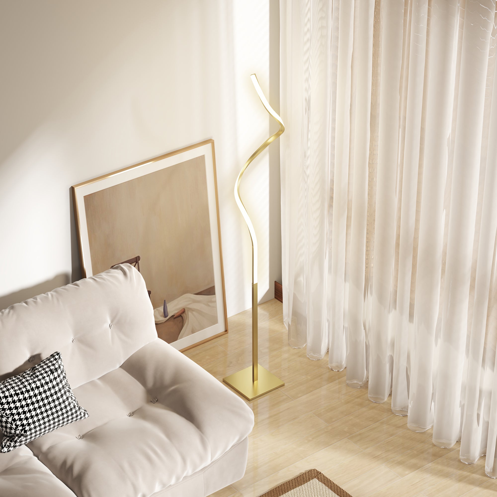 HOMCOM Gold Tone LED Floor Lamp, Spiral Standing Lamp with 3 Brightness Levels, Foot Switch, 24W