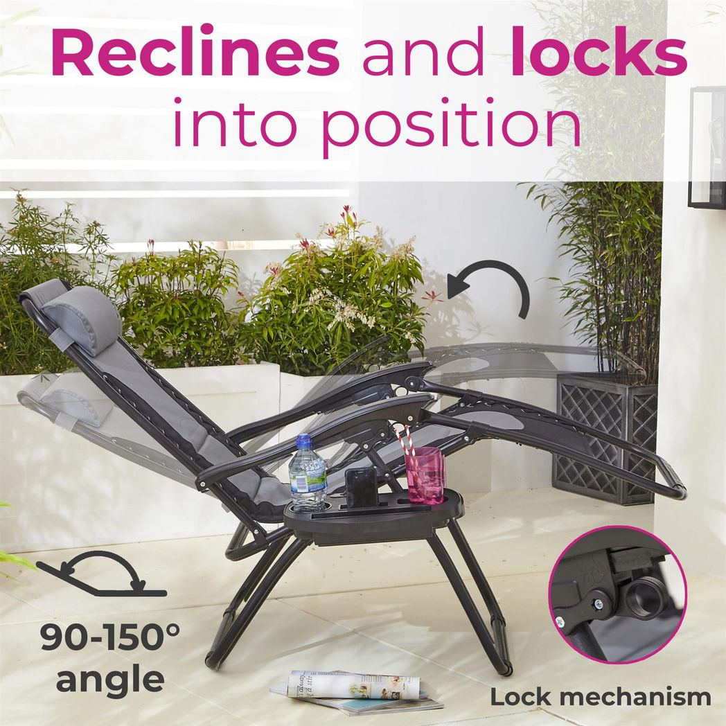 Neo Grey Pair of XL Outdoor Zero Gravity Sun Loungers with Removable Pillows and Cup Holder Tray
