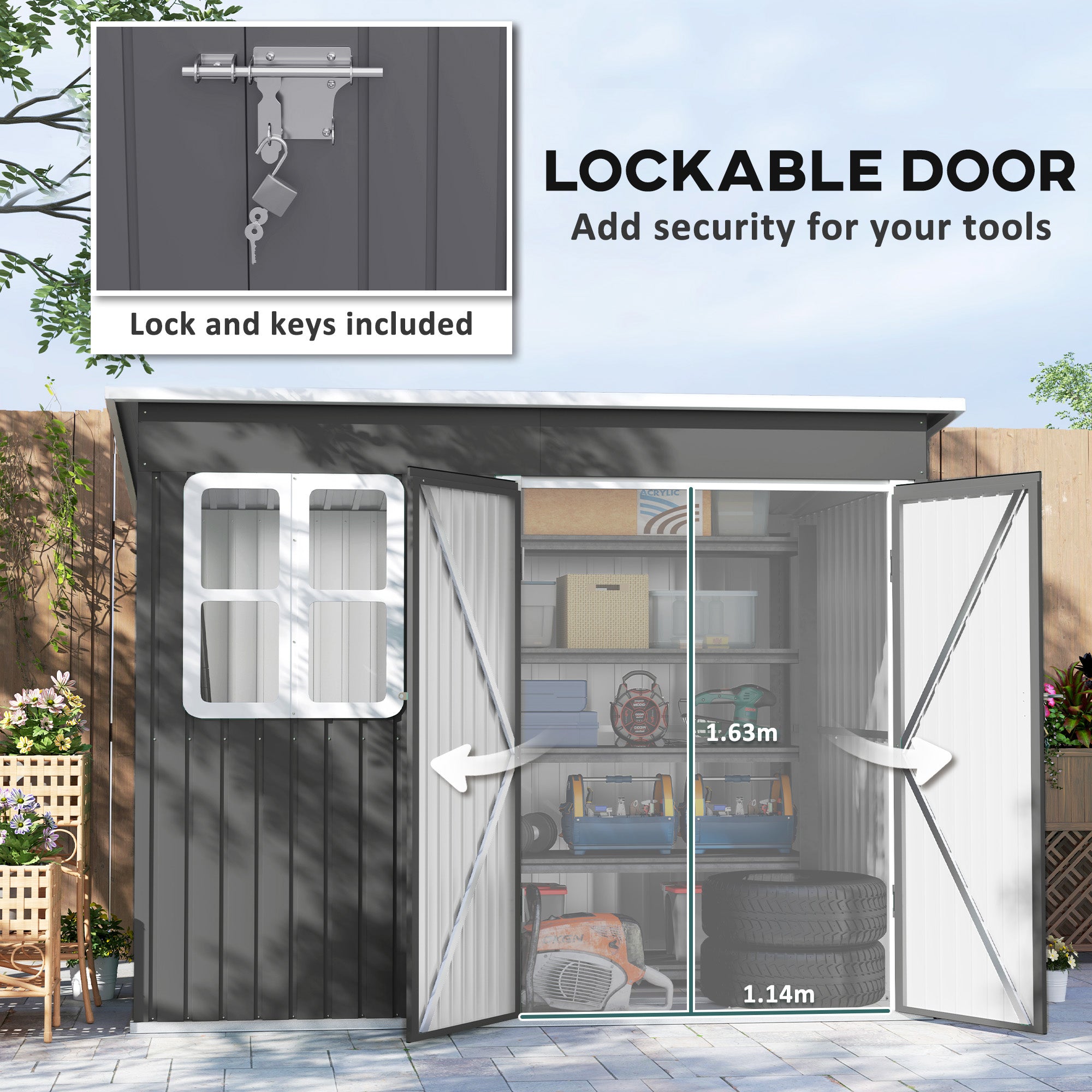 Outsunny Galvanised Steel Garden Shed with Foundation Kit, Dark Grey