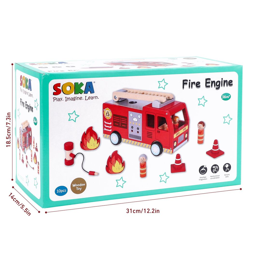 SOKA Wooden Fire Engine Truck Playset with 4 Firefighters