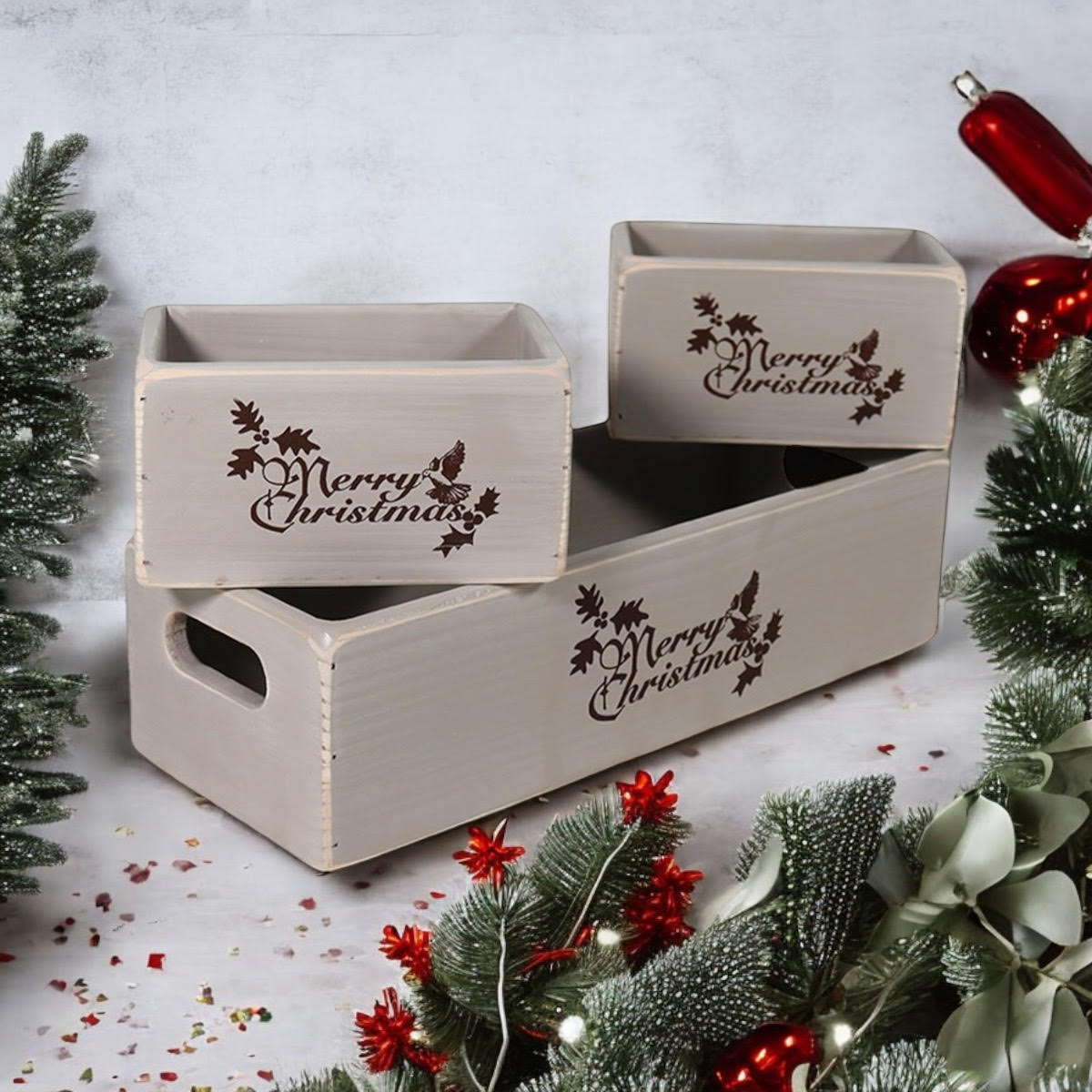 MSL Set of 3 Rustic Grey Wooden Christmas Boxes
