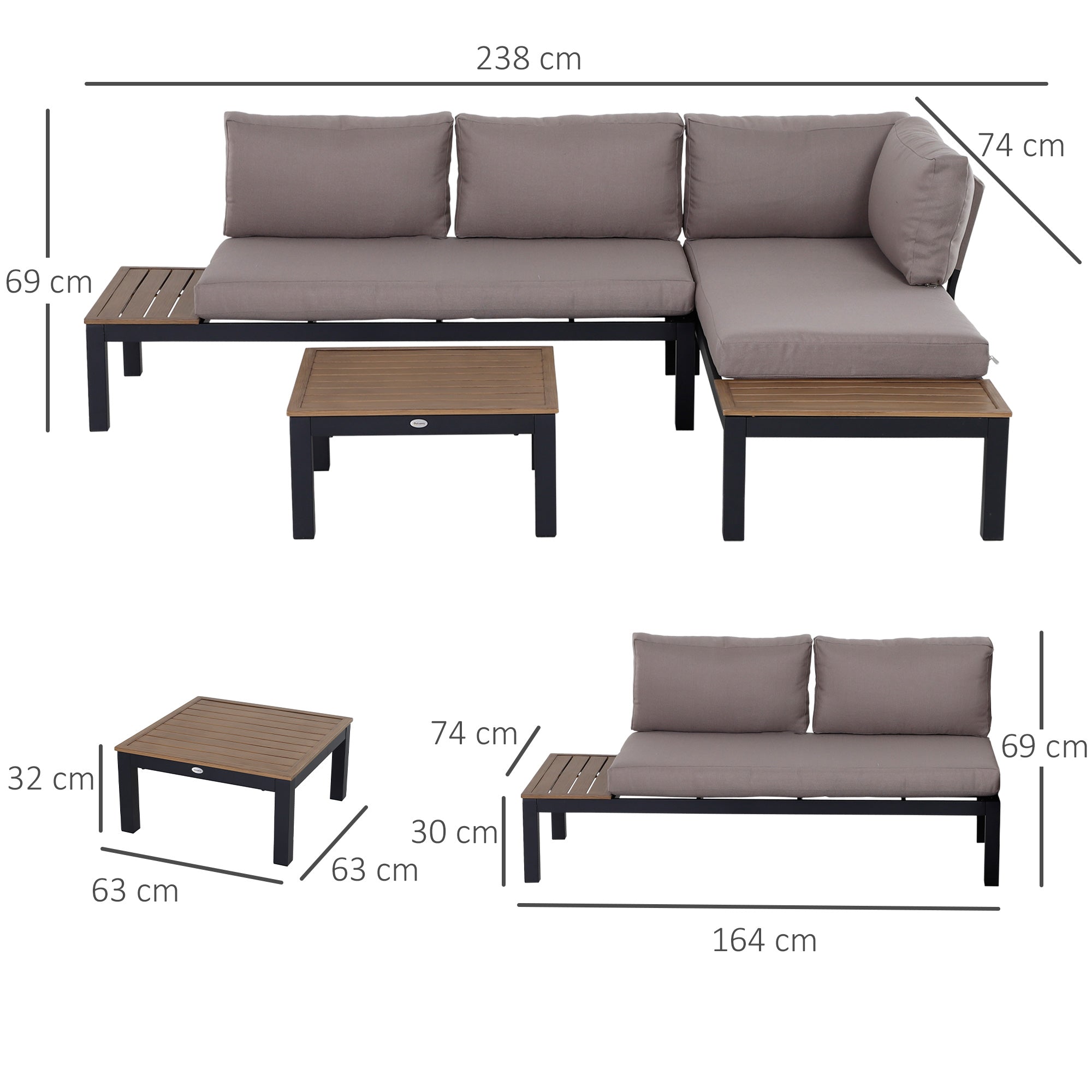 Outsunny 3-Piece Aluminium Frame Outdoor Lounge Set with Sofa, Chaise Lounge and Table, Mixed Grey