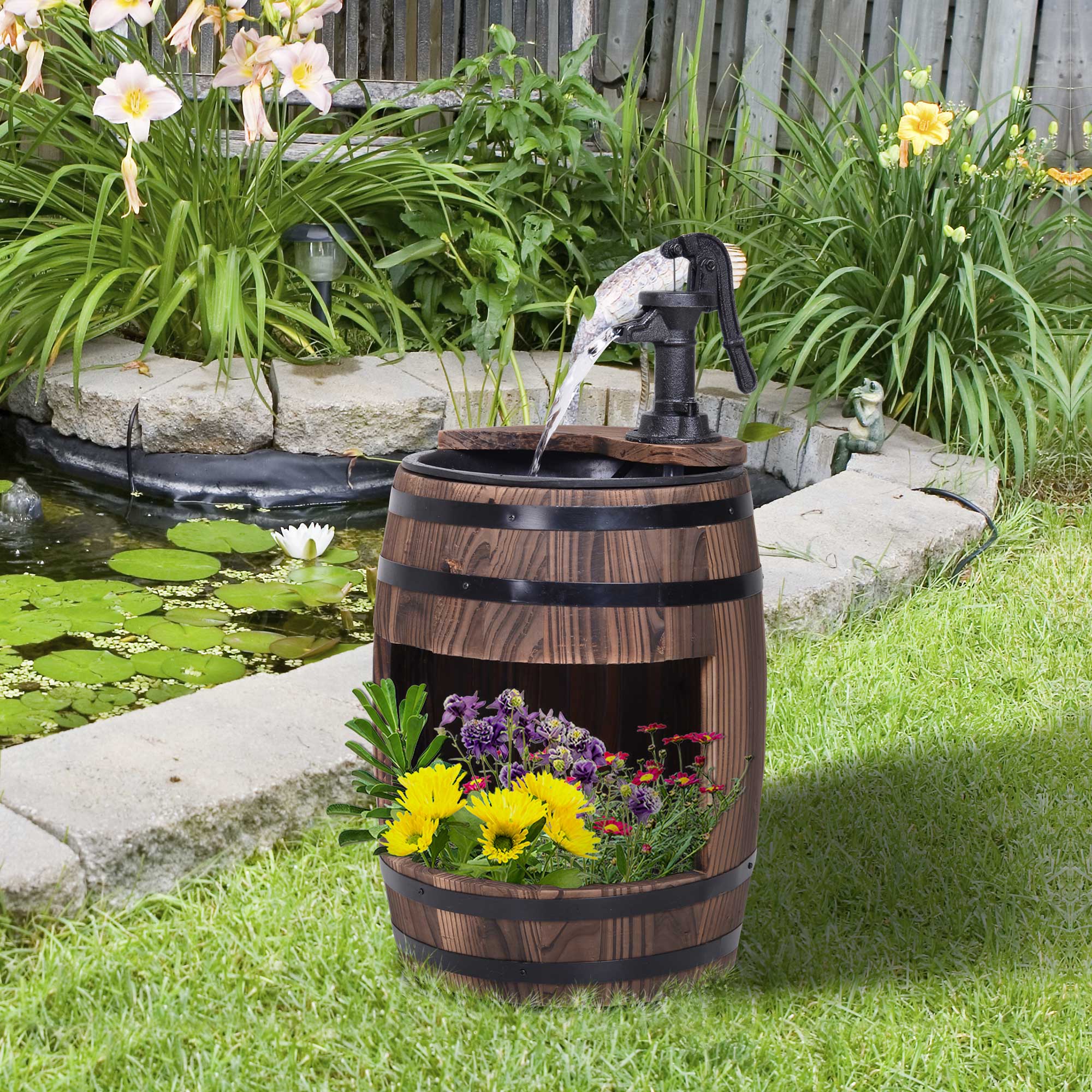 Outsunny Retro Wood Barrel Water Pump Garden Fountain with Adjustable Flow