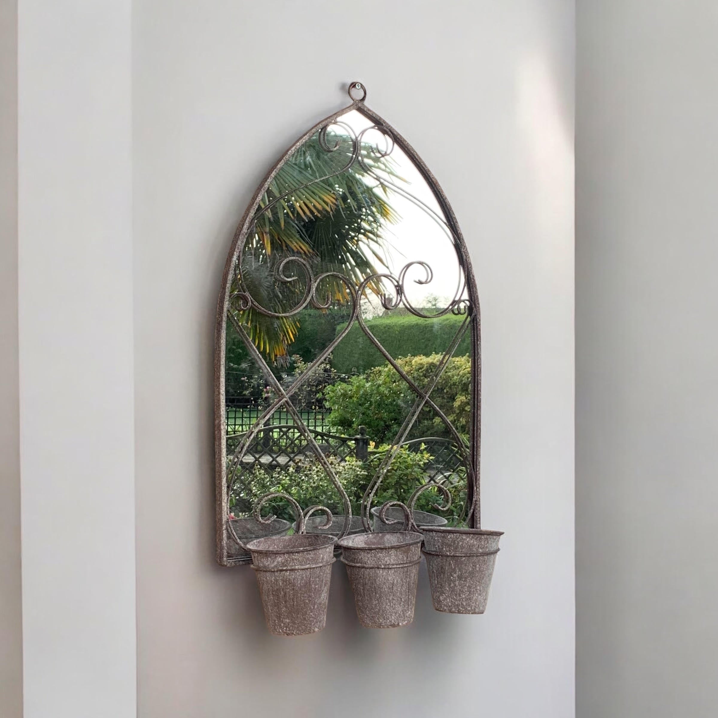 MSL 73cm Rusty Wall Mirror with 3 Planter Holders and Pot
