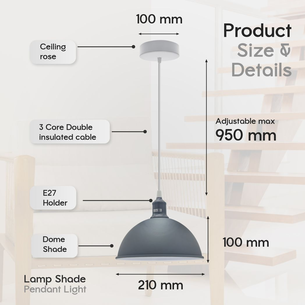 2 Pack Grey Dome Metal Ceiling Pendant Lamp Shades, Inner White