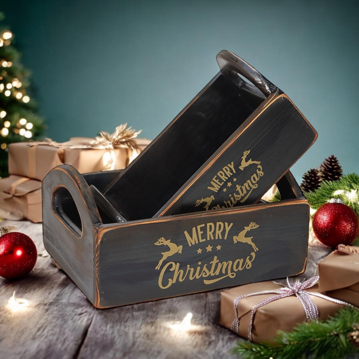 MSL Set of 2 Black Wooden Christmas Boxes, Hand Finished