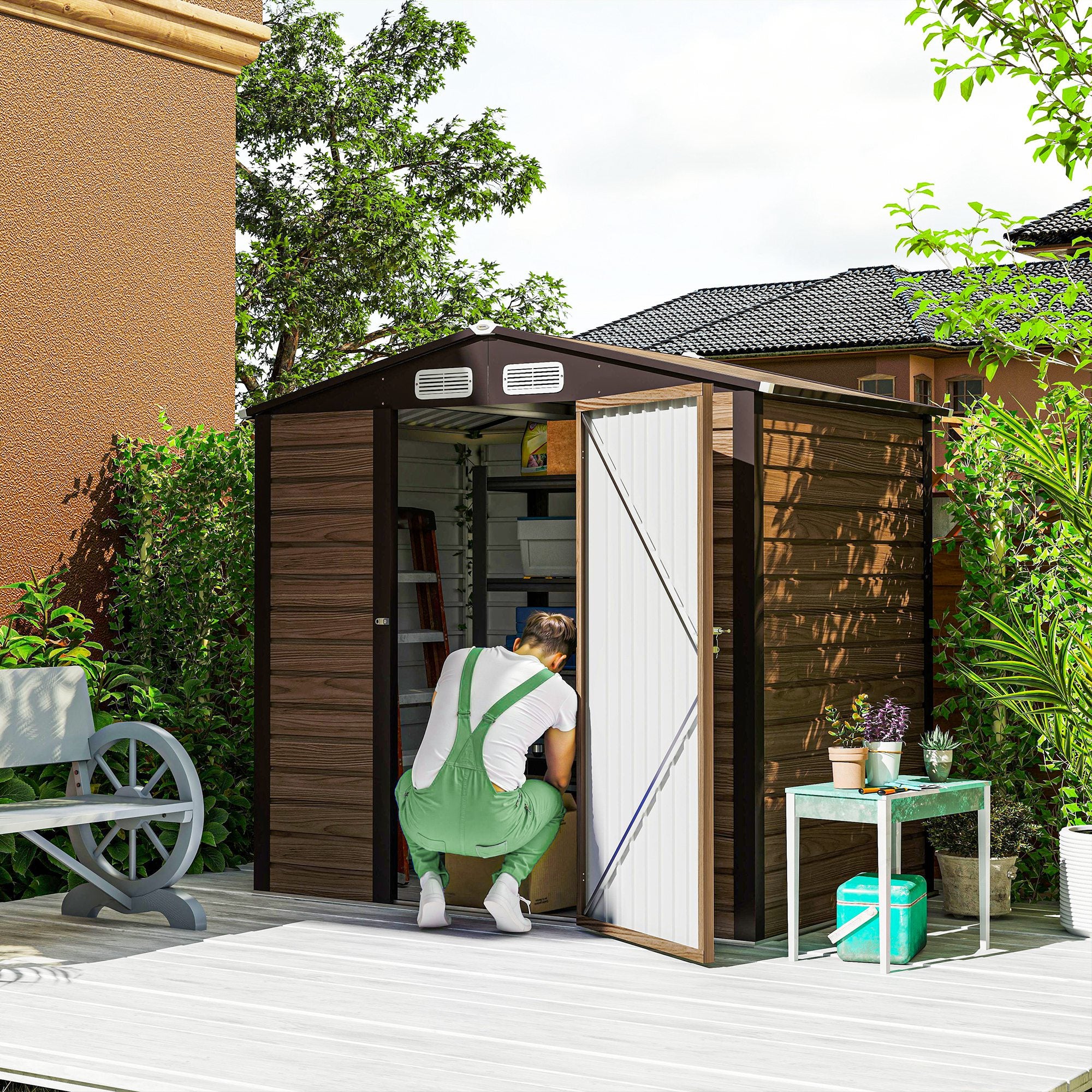 Outsunny 6.2 x 4.3ft Galvanised Steel Garden Shed with Vent and Sloped Roof, Oak