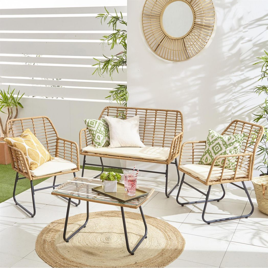 Neo 4 Piece Rattan Garden Sofa Set with Glass Table and Cushions