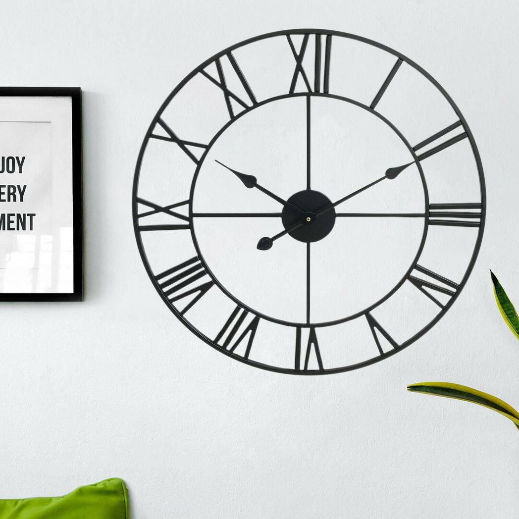 Large 60cm Black Roman Metal Skeleton Wall Clock