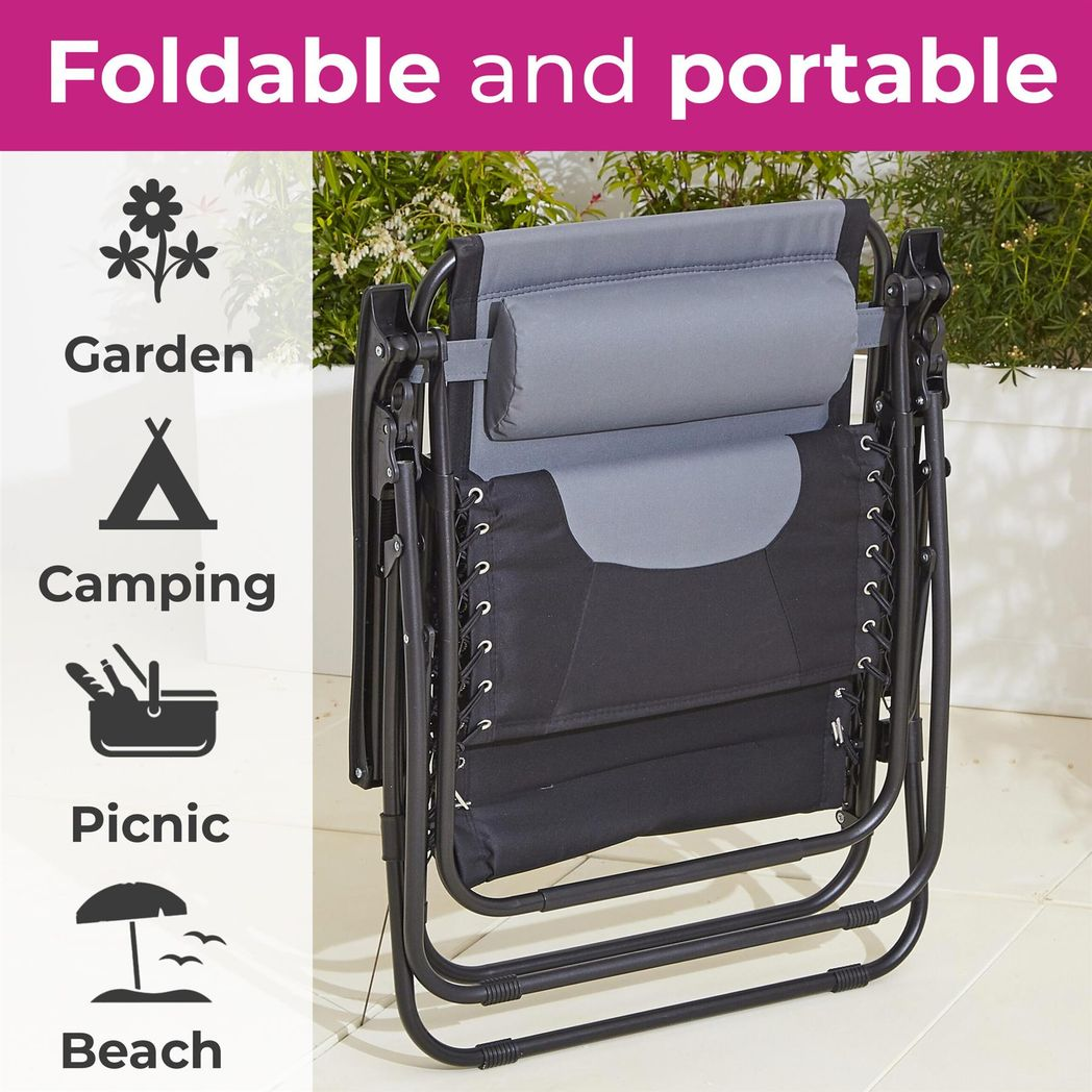Neo Grey Pair of XL Outdoor Zero Gravity Sun Loungers with Removable Pillows and Cup Holder Tray