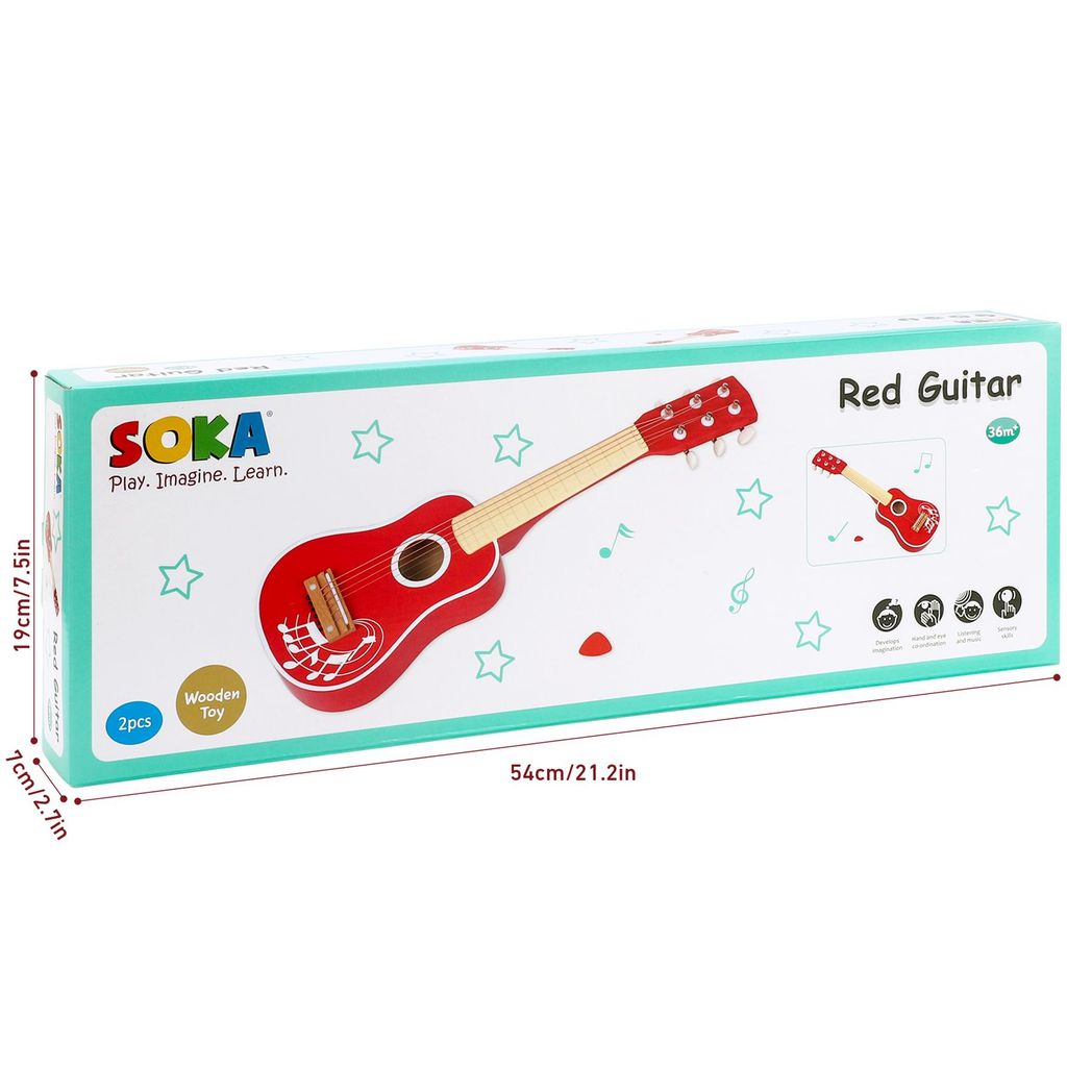 SOKA Red Wooden Kids Guitar, 6-String Acoustic Toy