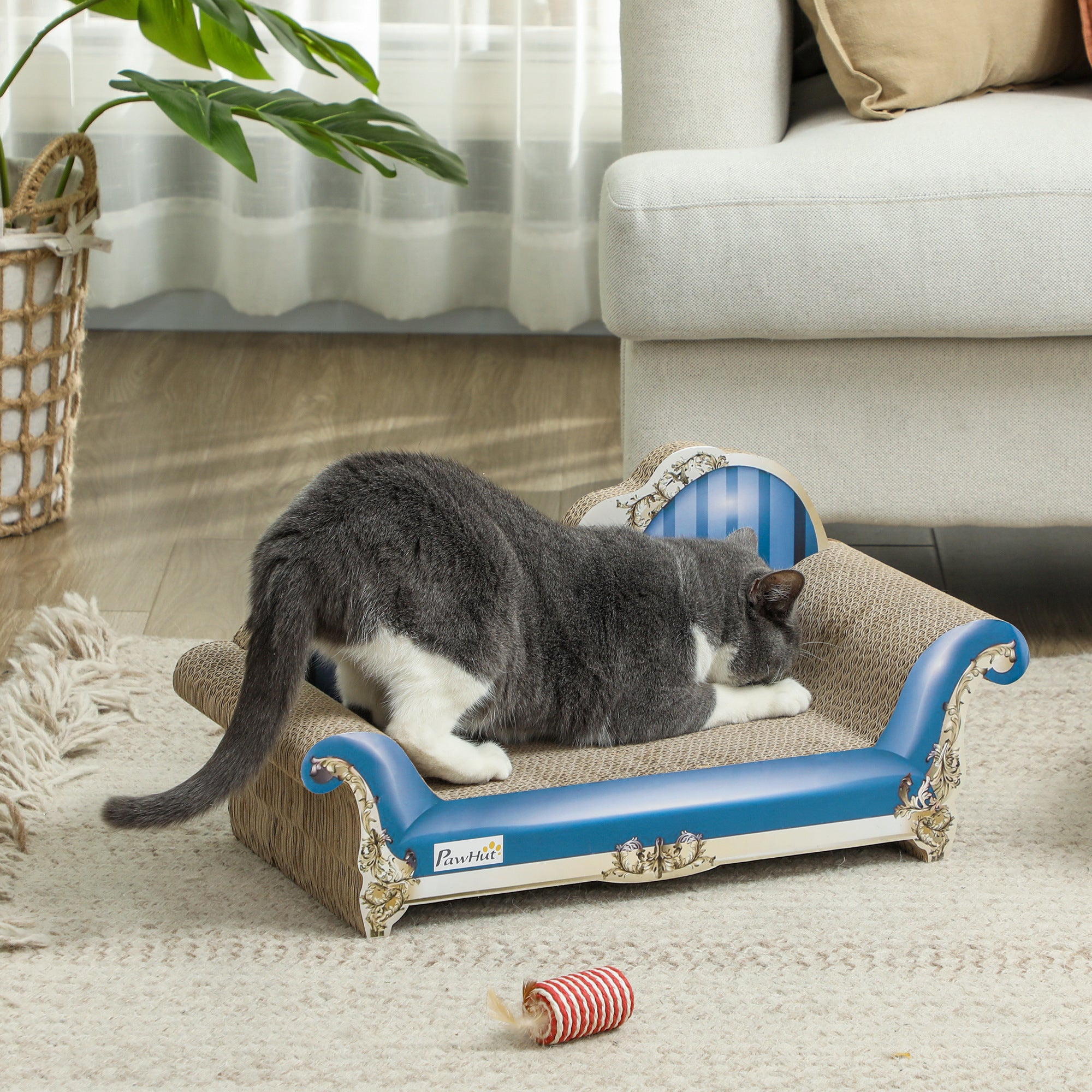 PawHut 2-in-1 Cat Scratcher and Cardboard Lounge Bed with Catnip, Blue