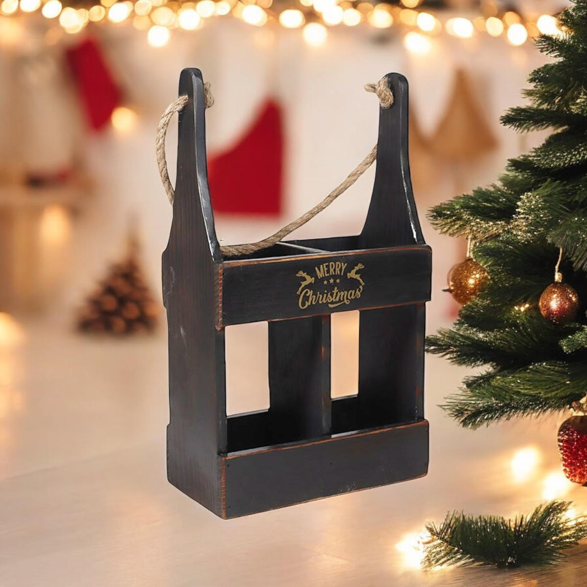39cm Black Wooden 2 Bottle Hand Finished Wine Caddy