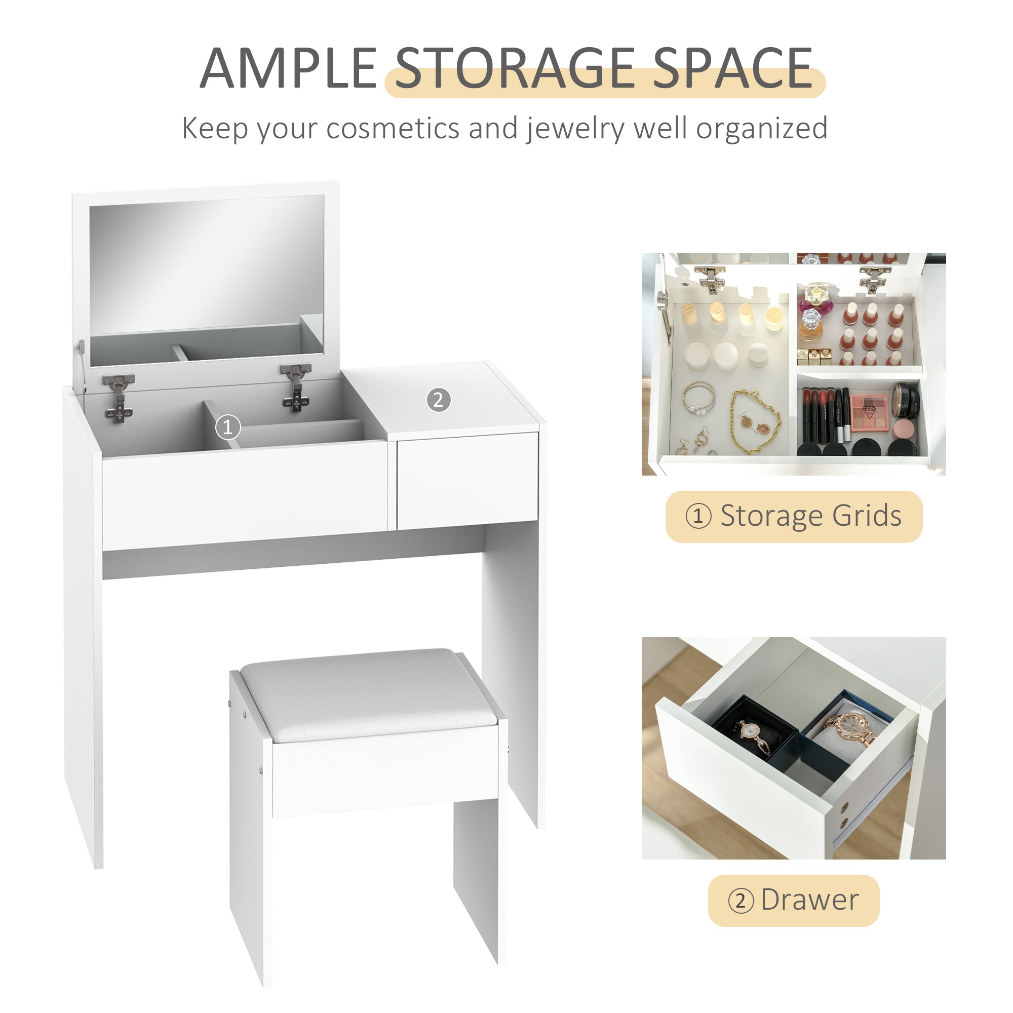 HOMCOM White 2-in-1 Dressing Table and Writing Table with Padded Stool, Flip-Top Mirror, Storage Compartment and Drawer