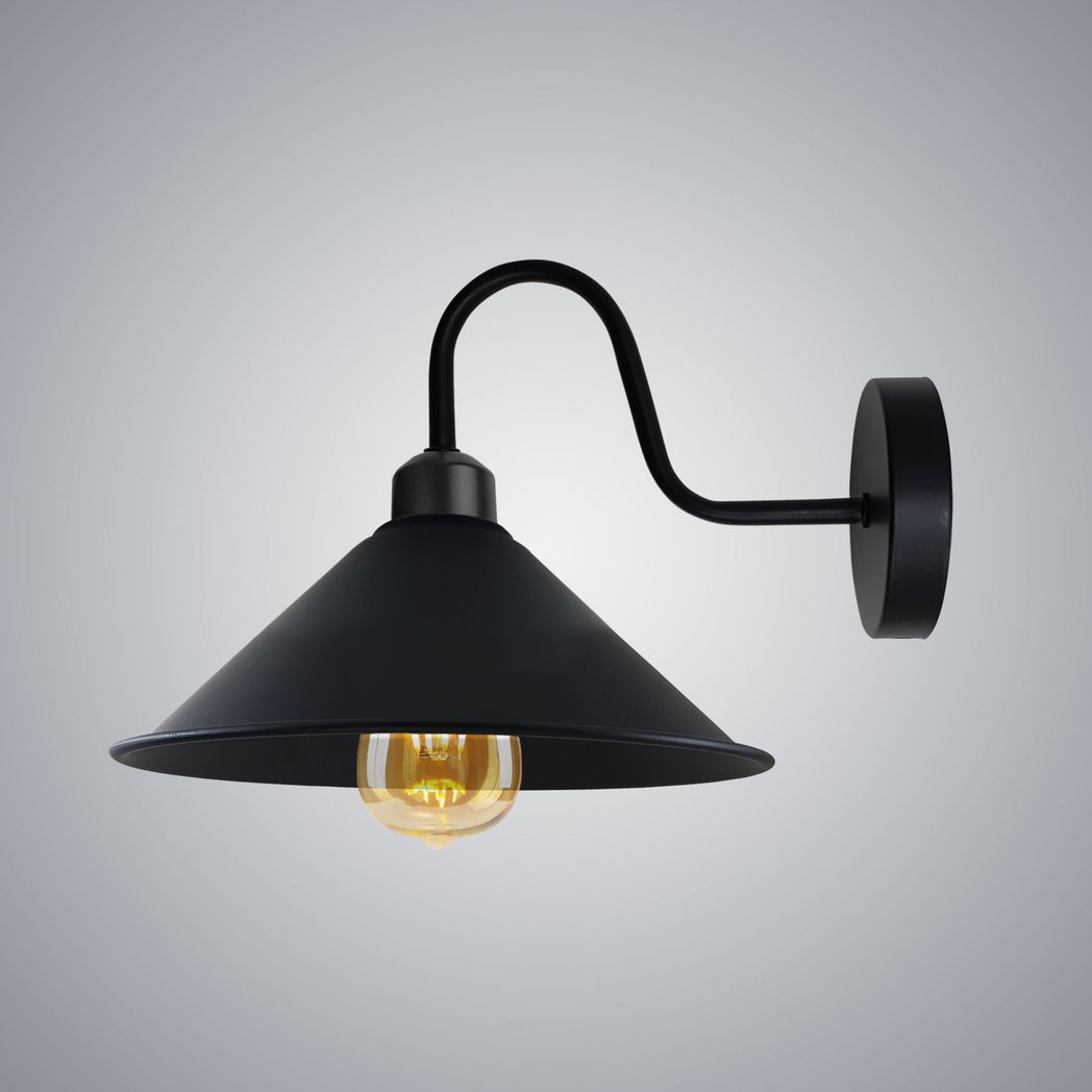 Black Vintage Wall Sconce, E27 Base, Swan Neck, Cone Shade