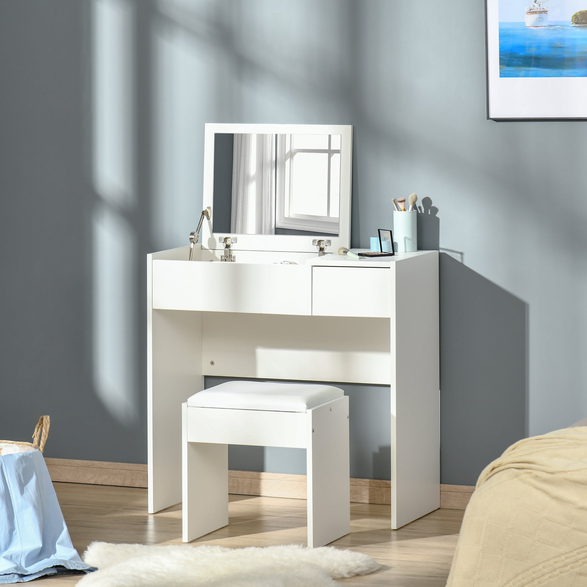 HOMCOM White 2-in-1 Dressing Table and Writing Table with Padded Stool, Flip-Top Mirror, Storage Compartment and Drawer