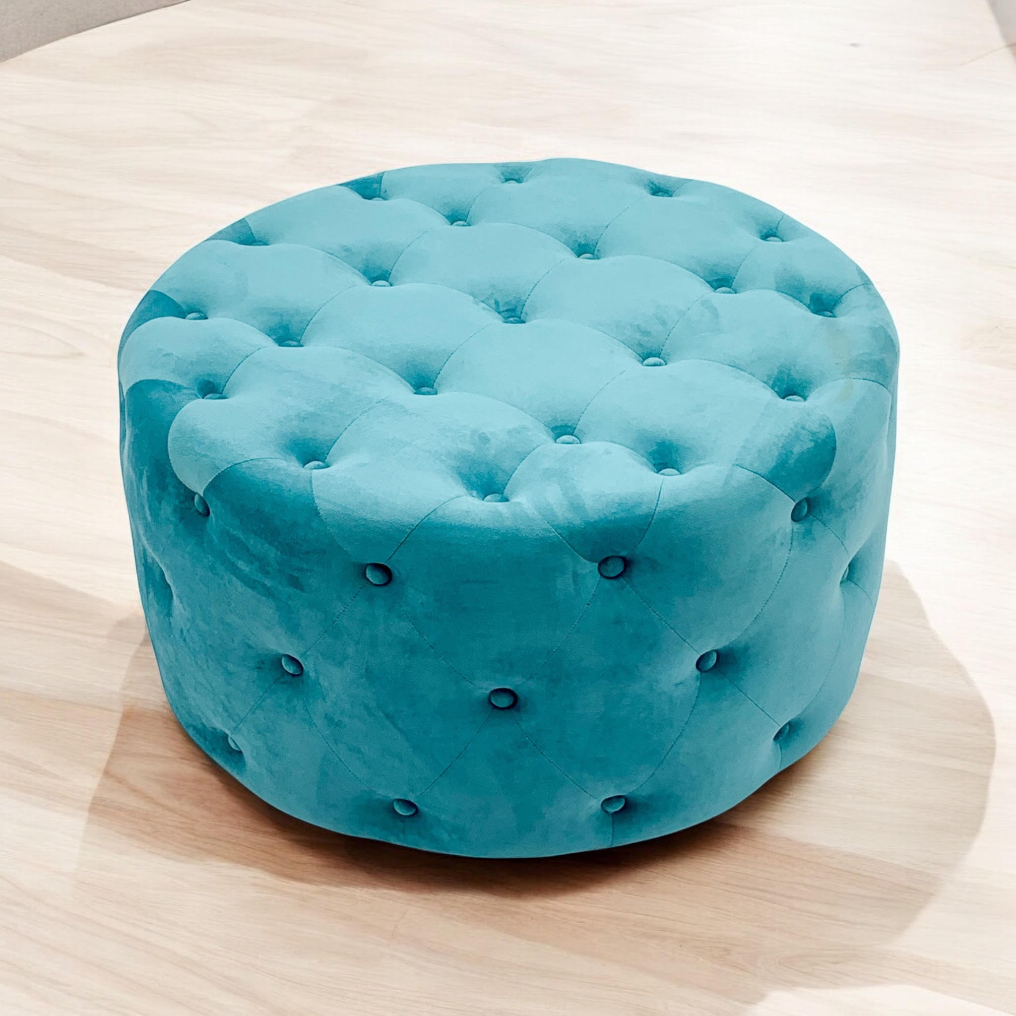 MSL 80 x 80cm Blue Buttoned Round Footstool Ottoman