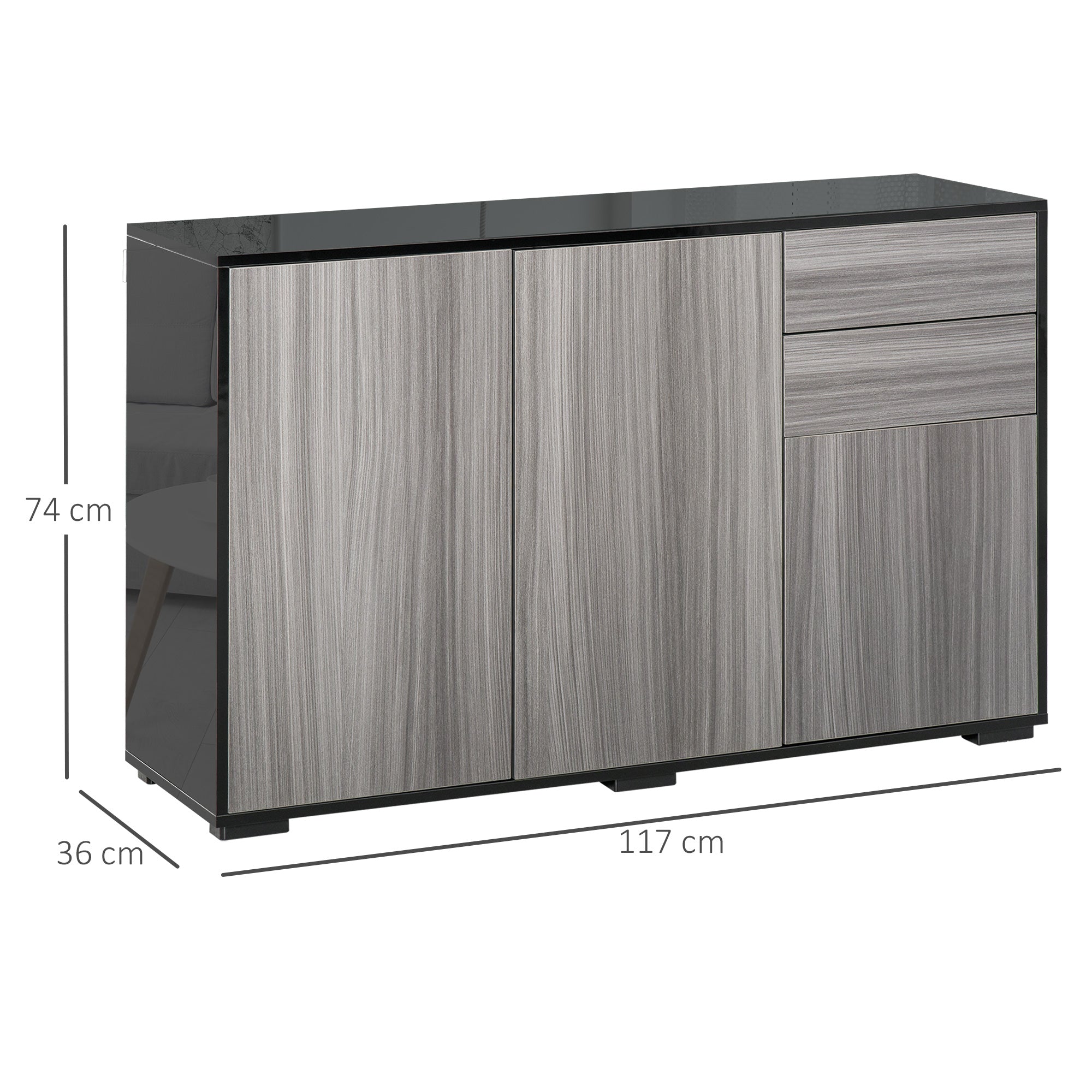 Side Cabinet with 2 Doors and 2 Drawers, Freestanding Home Office Storage Cabinet, Grey Black