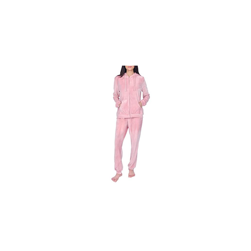 Sleepdown Women's Pink Velour Tracksuit 2 Piece Hooded Zip Up Top and Jogger Set