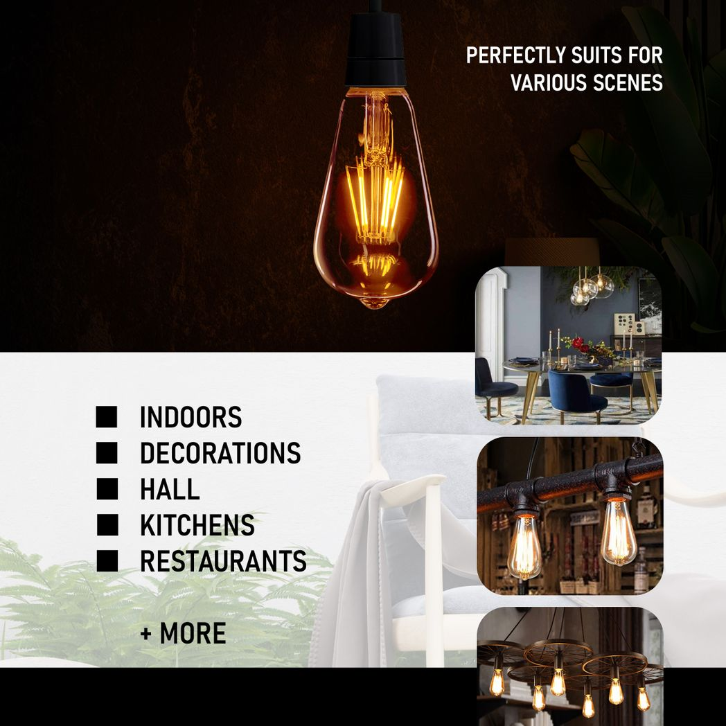 10Pack E27 LED Edison Dimmable Vintage Amber Glass Warm white 2700K Light Bulb