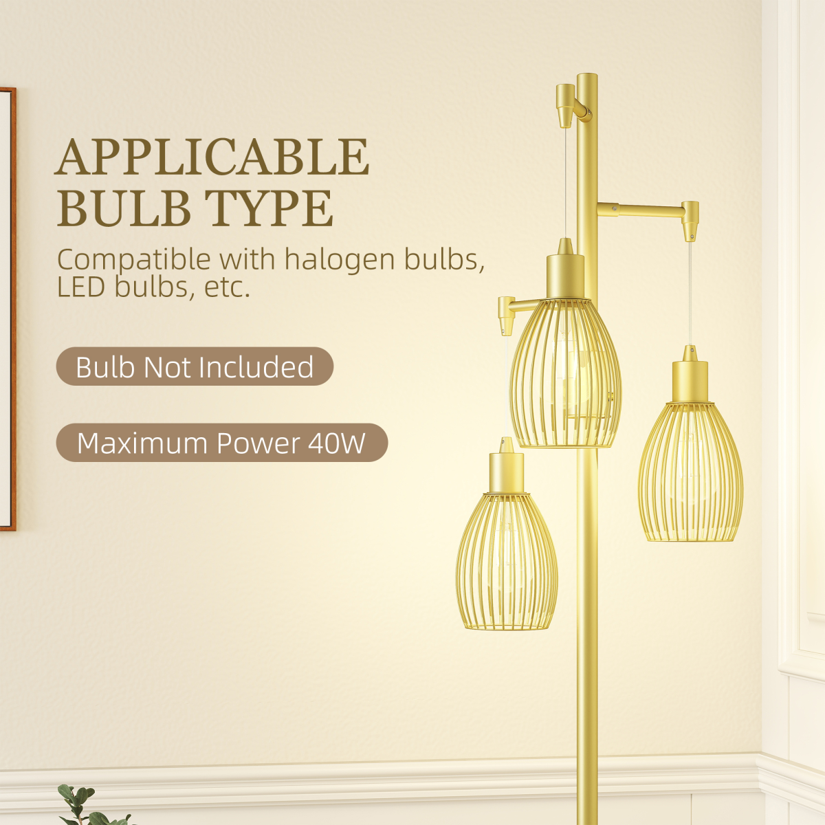 HOMCOM Industrial 3-Light Dimmable Floor Lamp, Gold