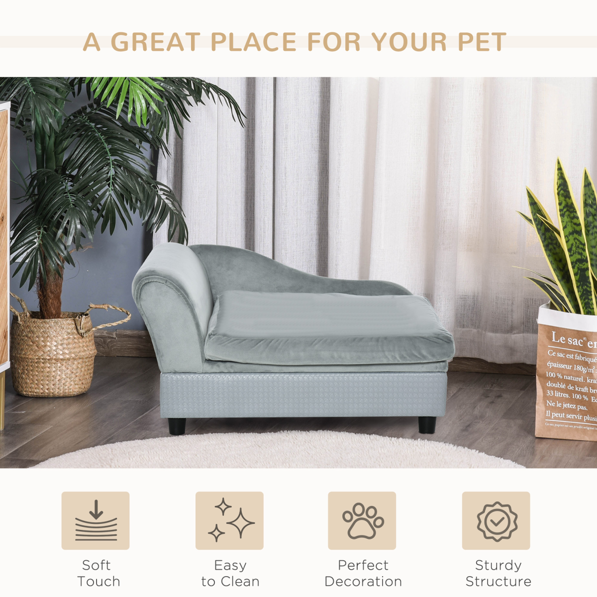 PawHut Pet Sofa with Storage, Cushion, Velvet Upholstered Dog Chair Cat Couch, Light Blue