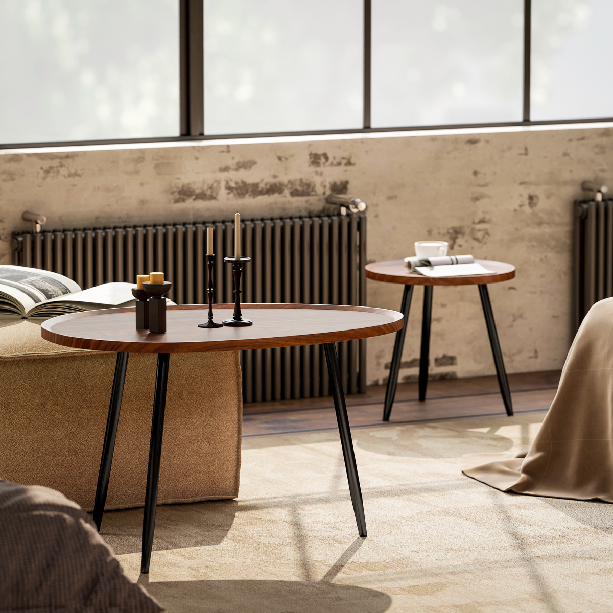 HOMCOM Set of 2 Nesting Side Tables, Chestnut Wood Effect, Metal Legs