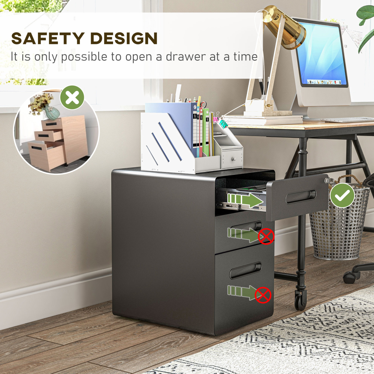3-Drawer Steel Filing Cabinet with Lock and 4 Wheels, Black