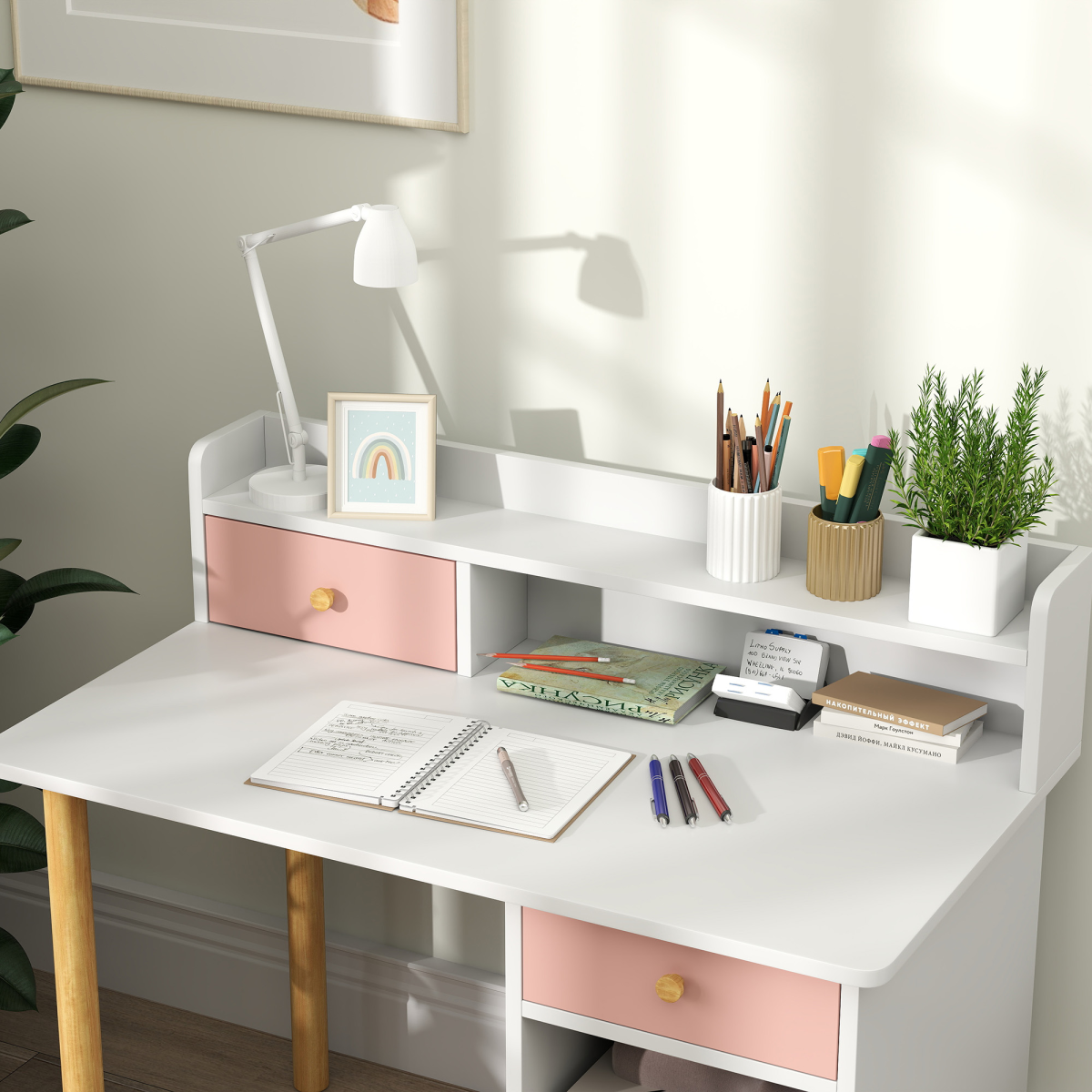 AIYAPLAY Kids Desk and Chair Set with Storage for Ages 3-8, Pink