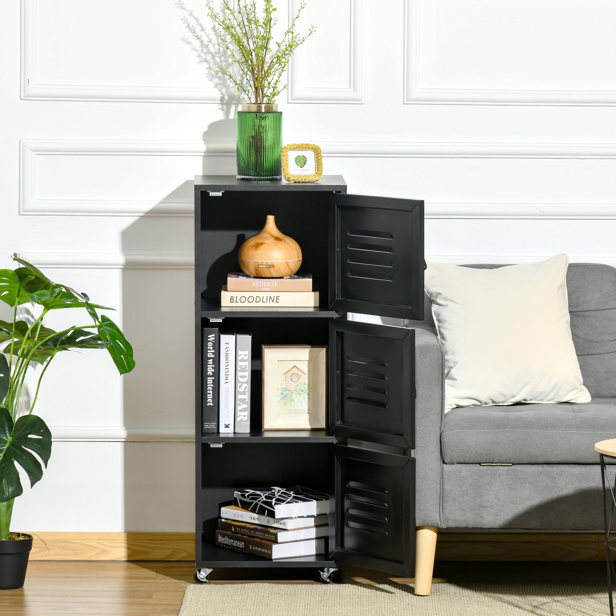 3-Tier Rolling Storage Cabinet with Wheels, Metal Doors, Black