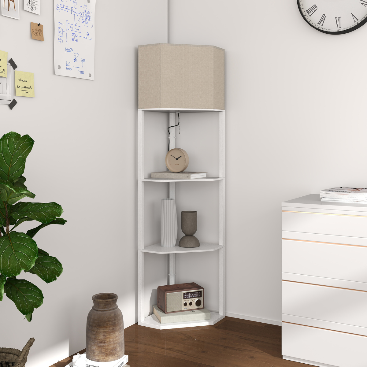 HOMCOM Corner Floor Lamp with Shelves, White