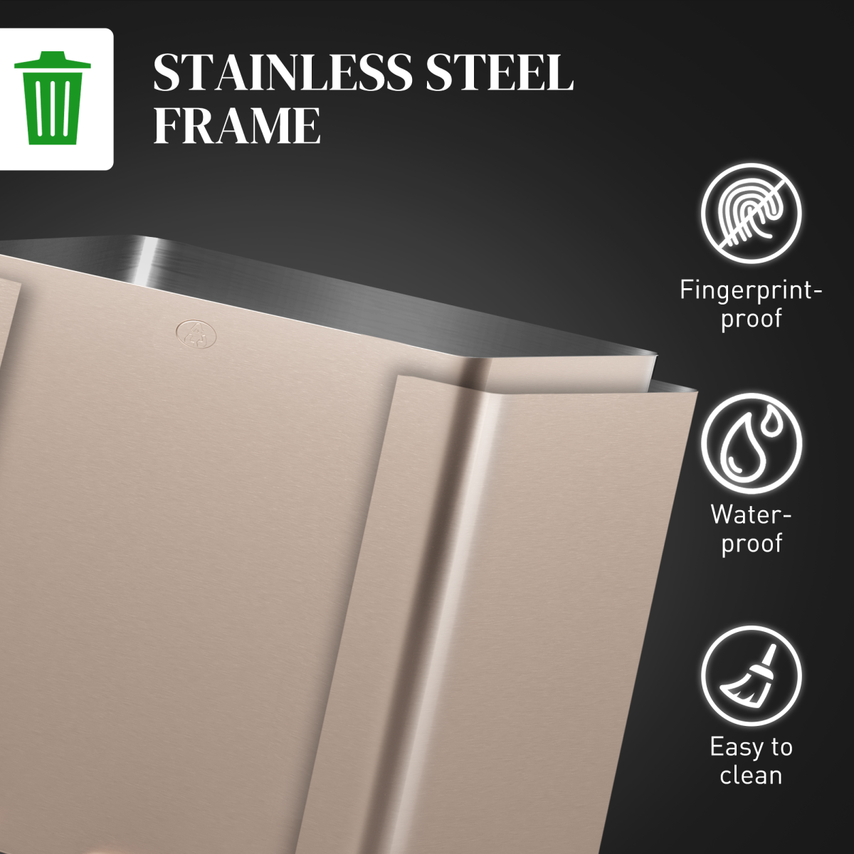 PawHut 3 x 15L Triple Kitchen Recycling Pedal Bin, Gold Tone