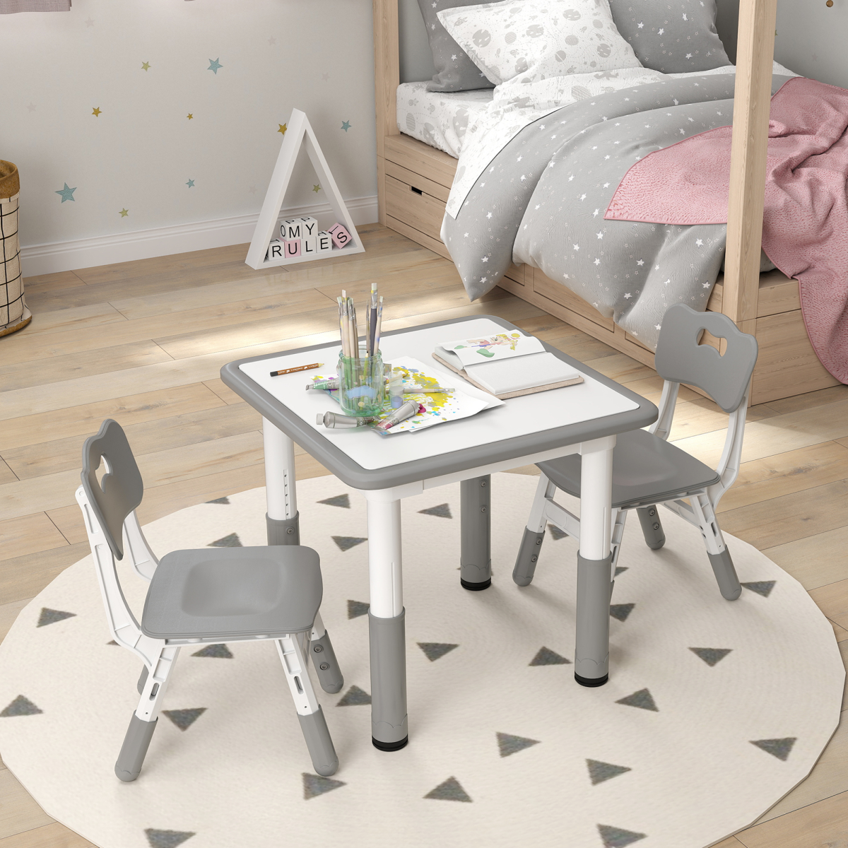 AIYAPLAY 3-Piece Height Adjustable Kids Table and Chair Set, Grey