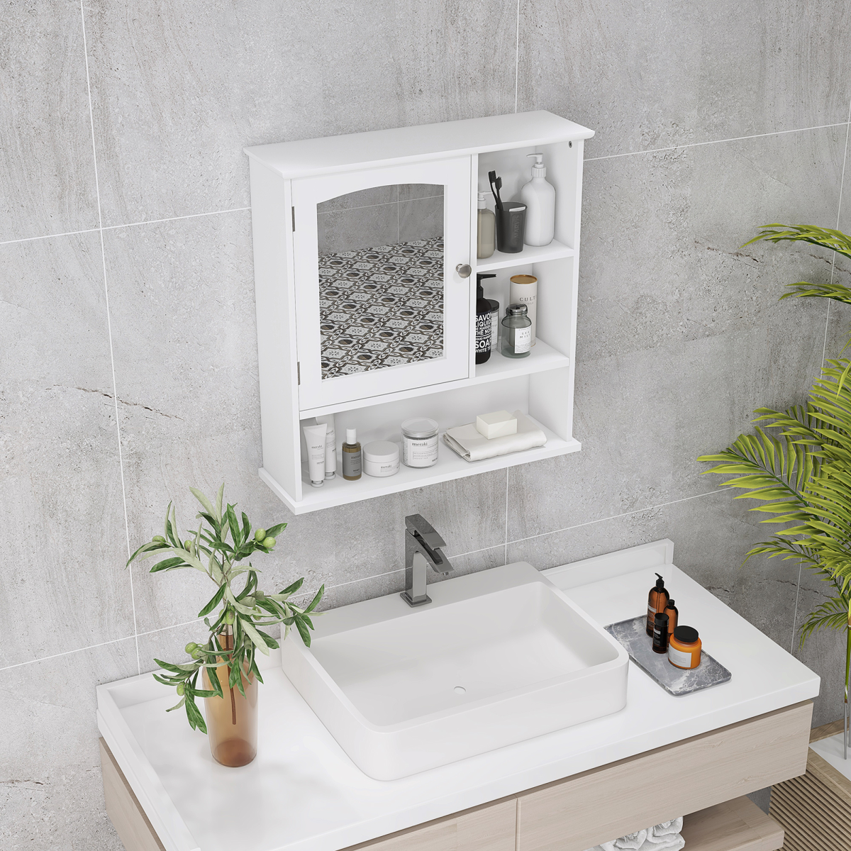 kleankin Wall-Mounted Bathroom Mirror Cabinet, Single Door Storage Cabinet with Adjustable Shelf and 3 Open Shelves, MDF, Water-Resistant Painted Surface