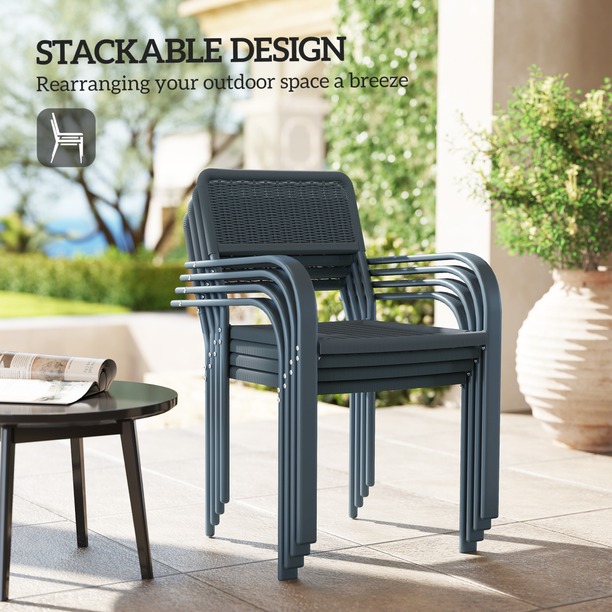 Outsunny Set of 4 Stackable Rattan Effect Garden Chairs, Dark Grey