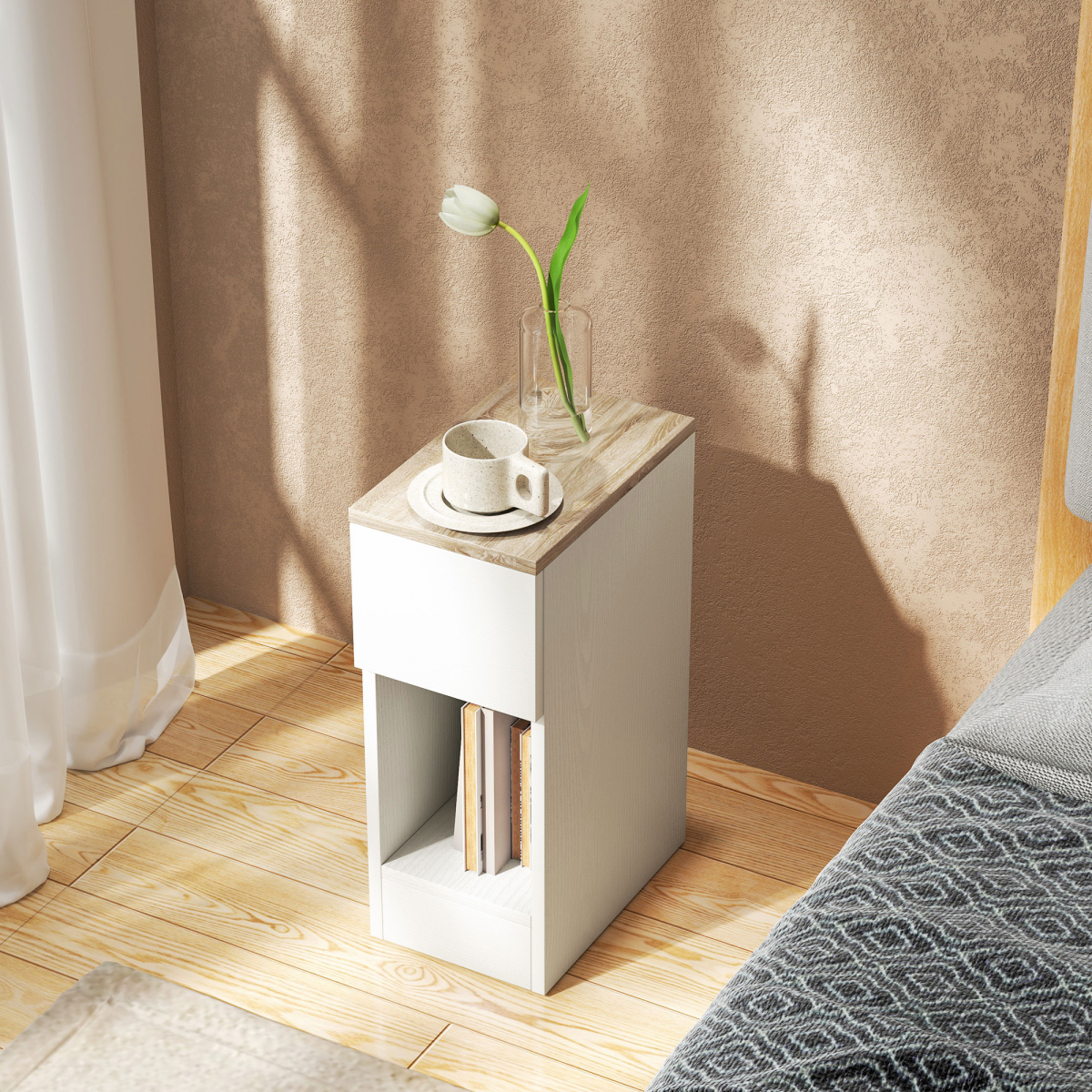 HOMCOM Set of 2 Bedside Tables with Drawer and Shelf, White