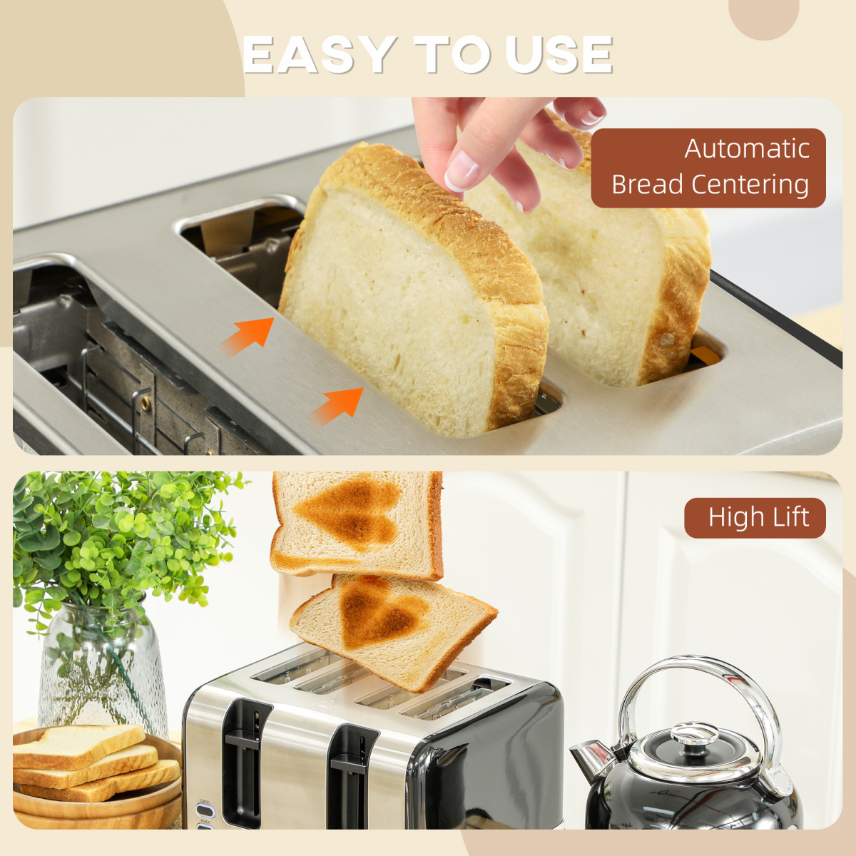 HOMCOM 1.7L 3000W Electric Kettle and 4-Slice Toaster Set, Black/Silver