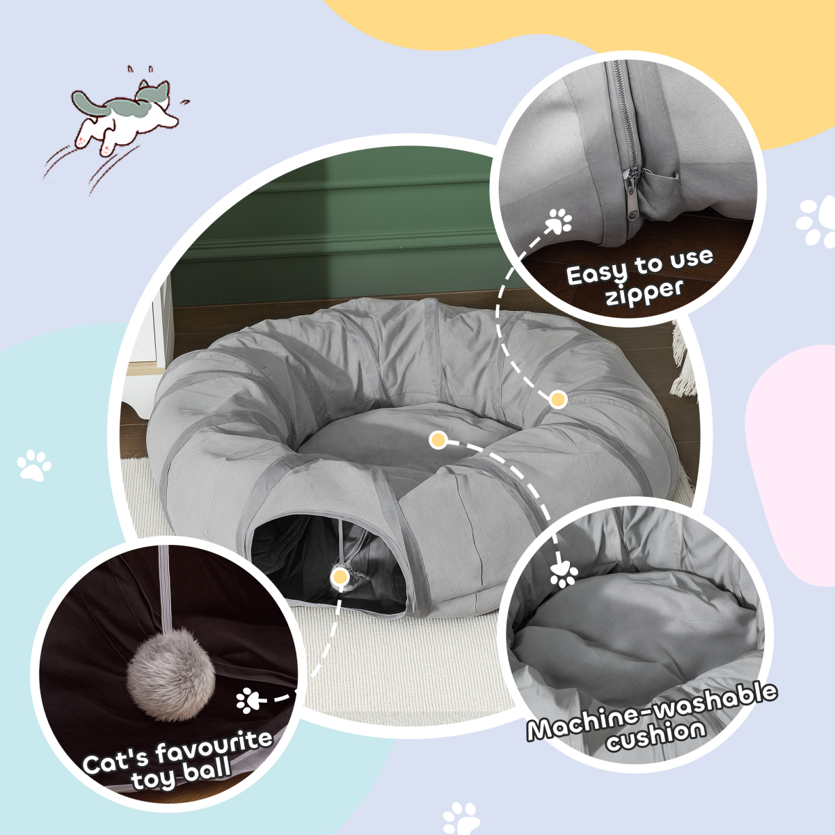 PawHut 2-in-1 Cat Tunnel Bed, Grey, Indoor Play Tunnel for Cats