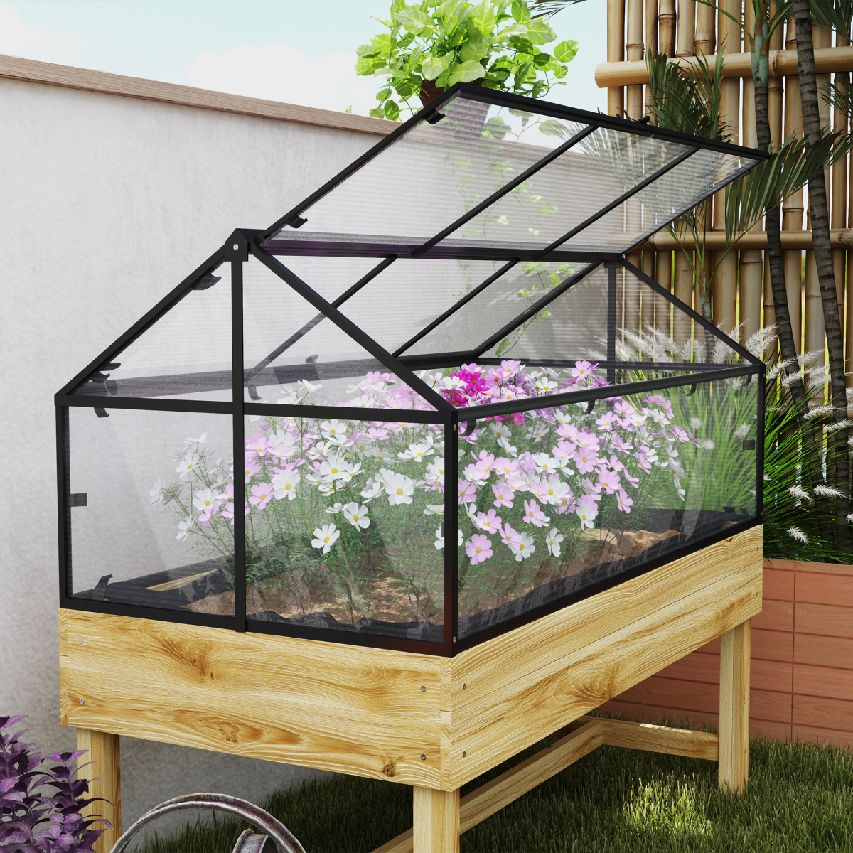 Outsunny Raised Garden Bed Grow House with Polycarbonate Cover, Fir Wood and Steel, Natural Wood Finish