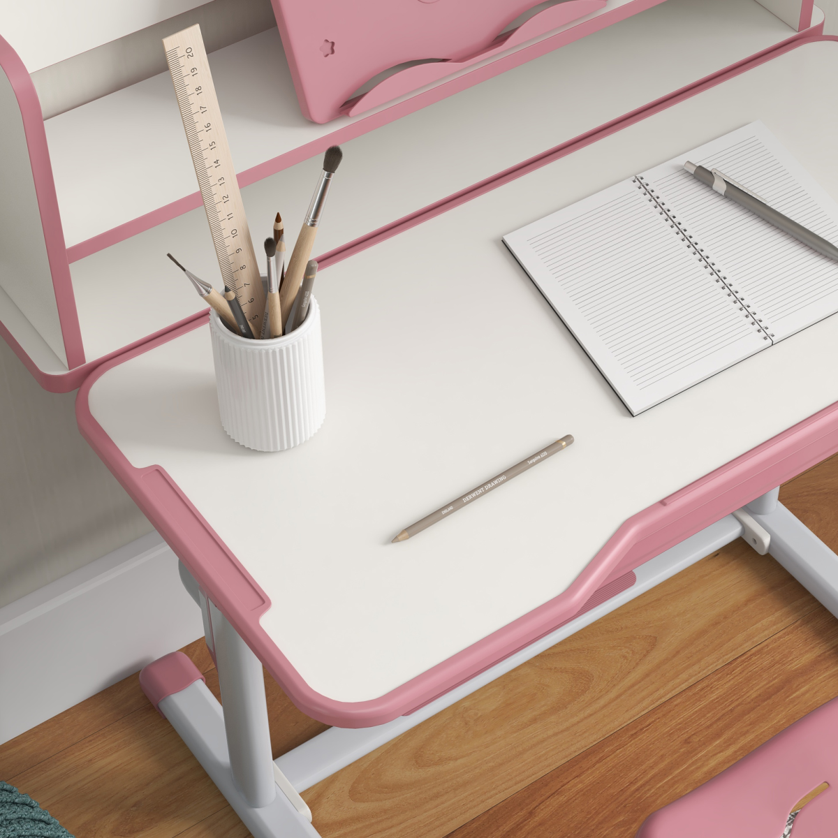 ZONEKIZ Adjustable Kids Desk and Chair Set with Drawer, Bookshelf, Pink