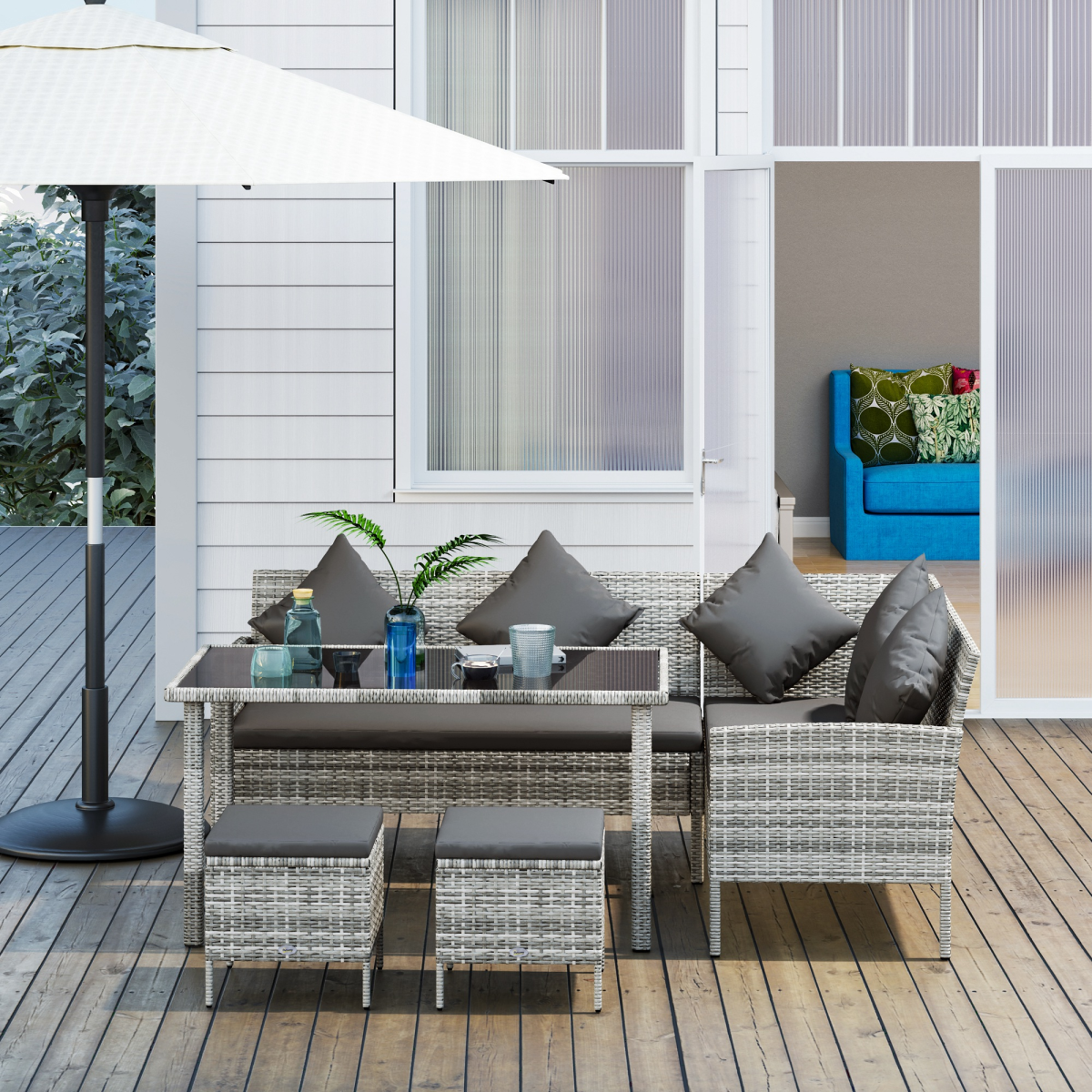 Outsunny 5-Piece Rattan Corner Dining Sofa Set, Dark Grey