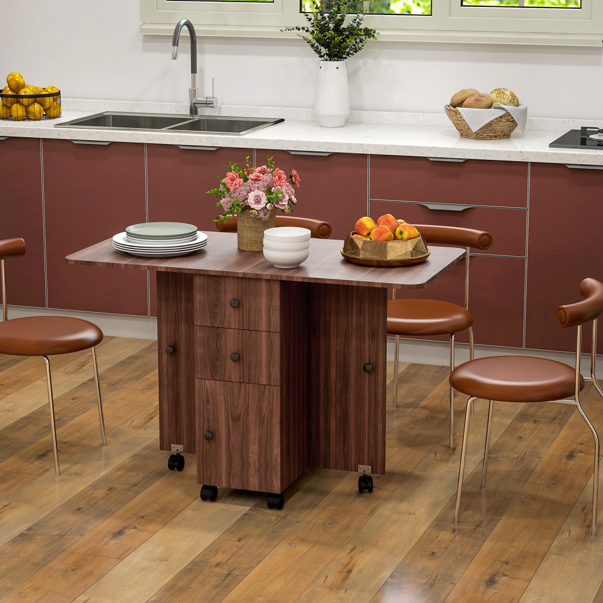 HOMCOM Folding Drop Leaf Dining Table with Drawers, Distressed Brown