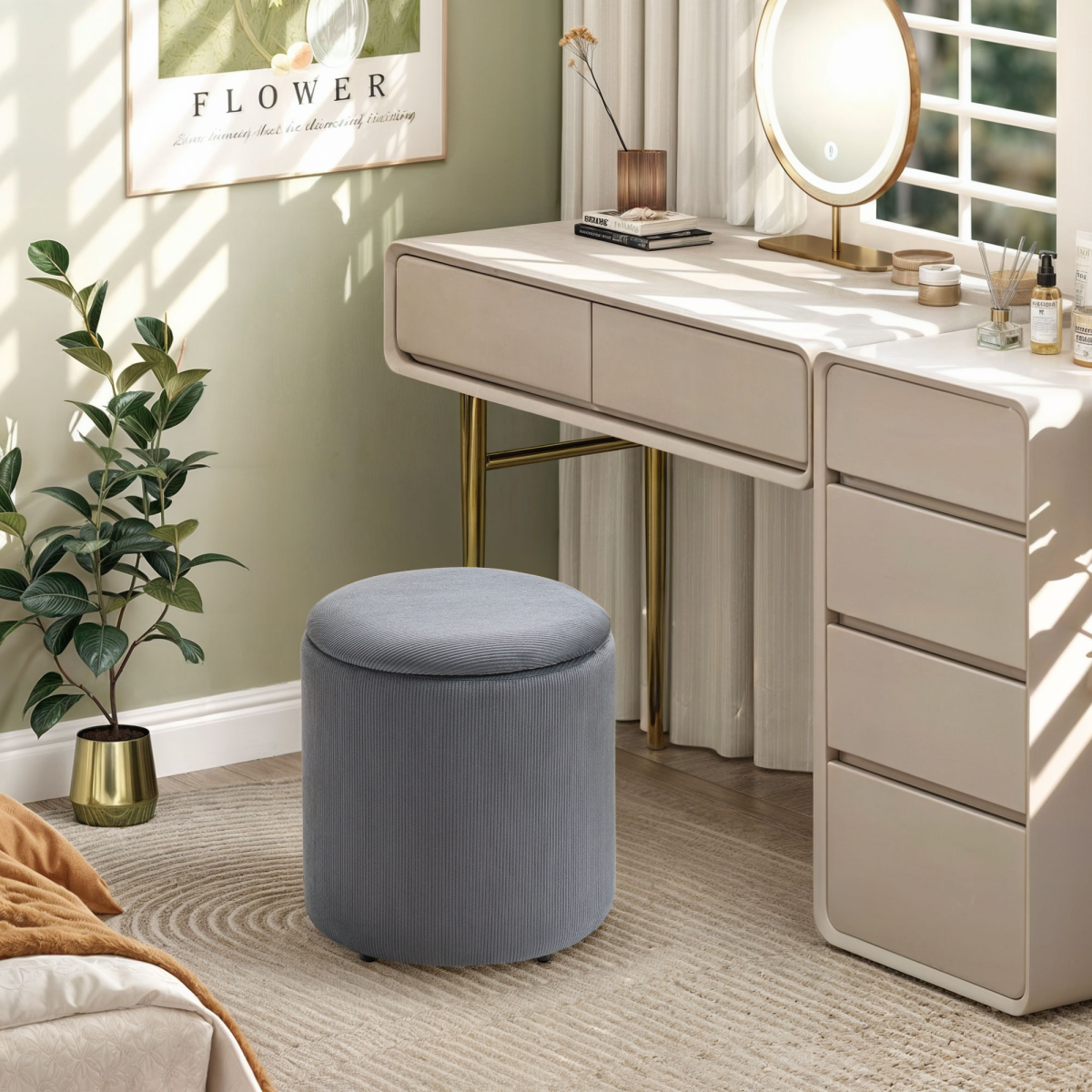 HOMCOM Set of 2 Fabric Storage Ottomans with Lids, Light Grey