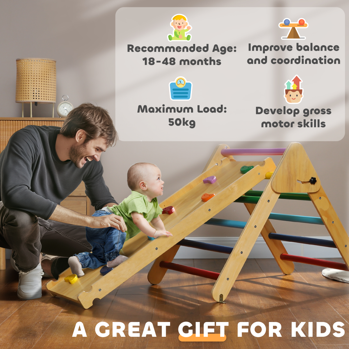 AIYAPLAY Wooden Indoor Toddler Climbing Frame with Slide Board