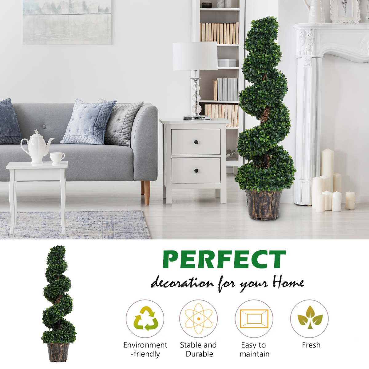 Set of 2 Artificial Boxwood Spiral Topiary Trees, Green PE Plant Decor
