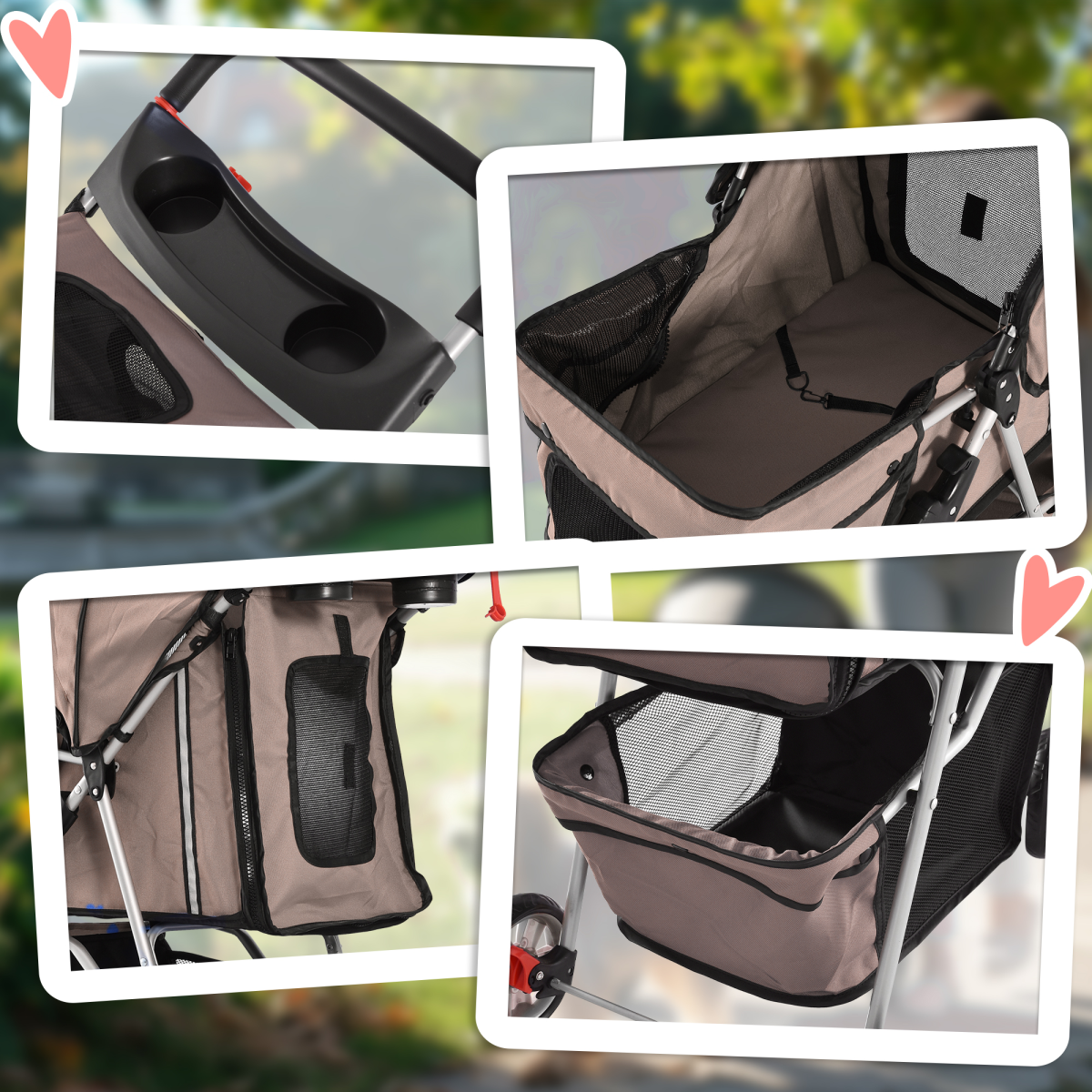 Pawhut 3-Wheel Pet Stroller for Cats and Small Dogs, Brown