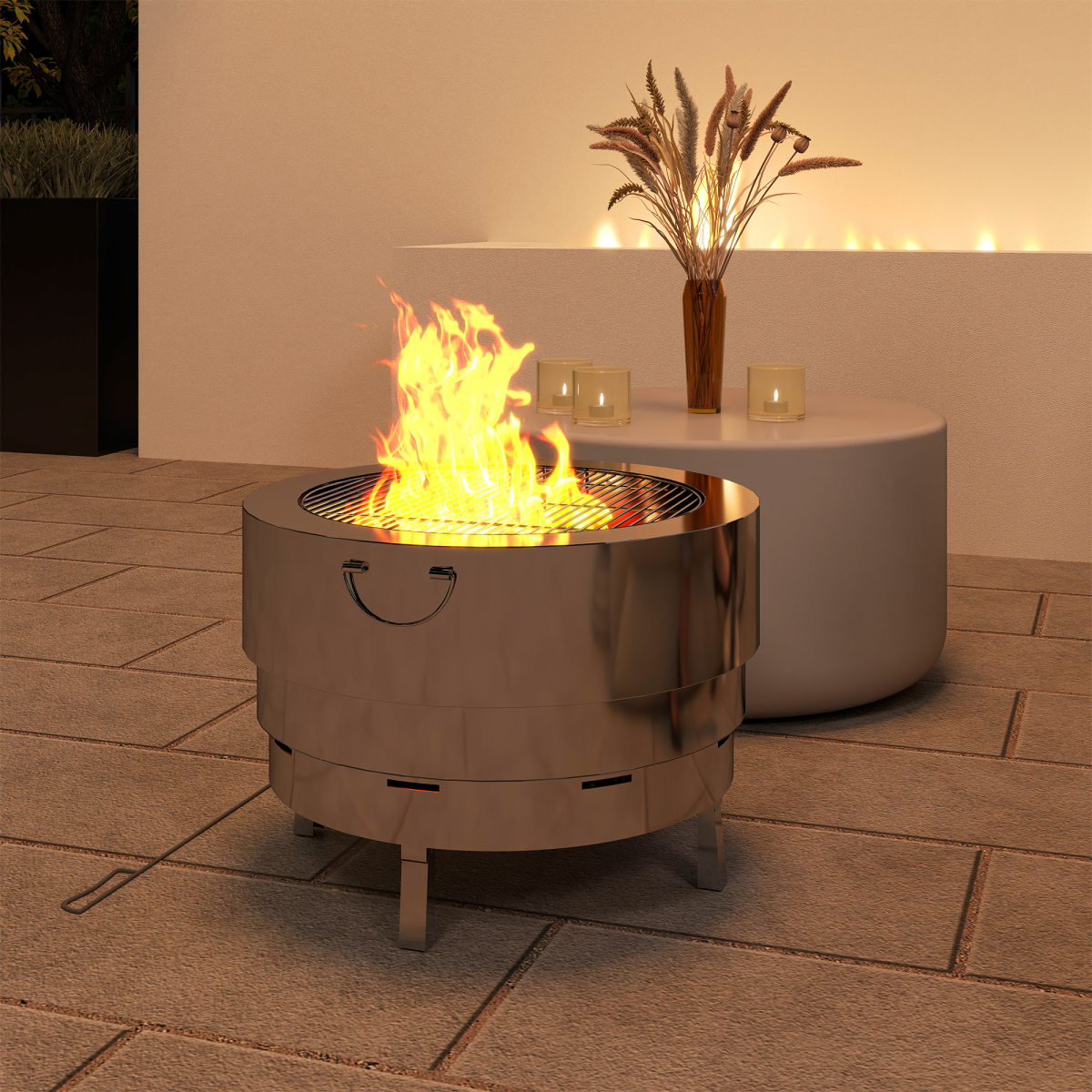 Outsunny Stainless Steel Round Fire Pit with Grill Net, Silver