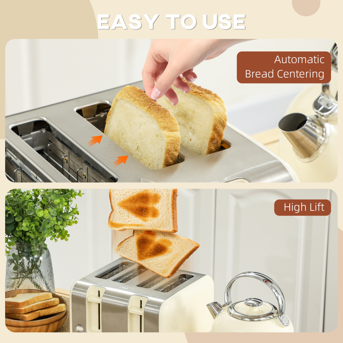 HOMCOM Cream 1.7L 3000W Electric Kettle & 4-Slice Toaster Set