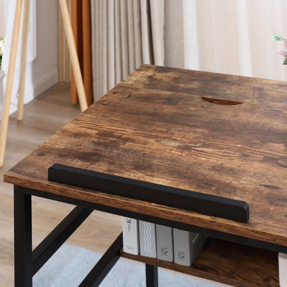 HOMCOM Tiltable Drafting Table Home Office Desk with Shelf, Rustic Brown